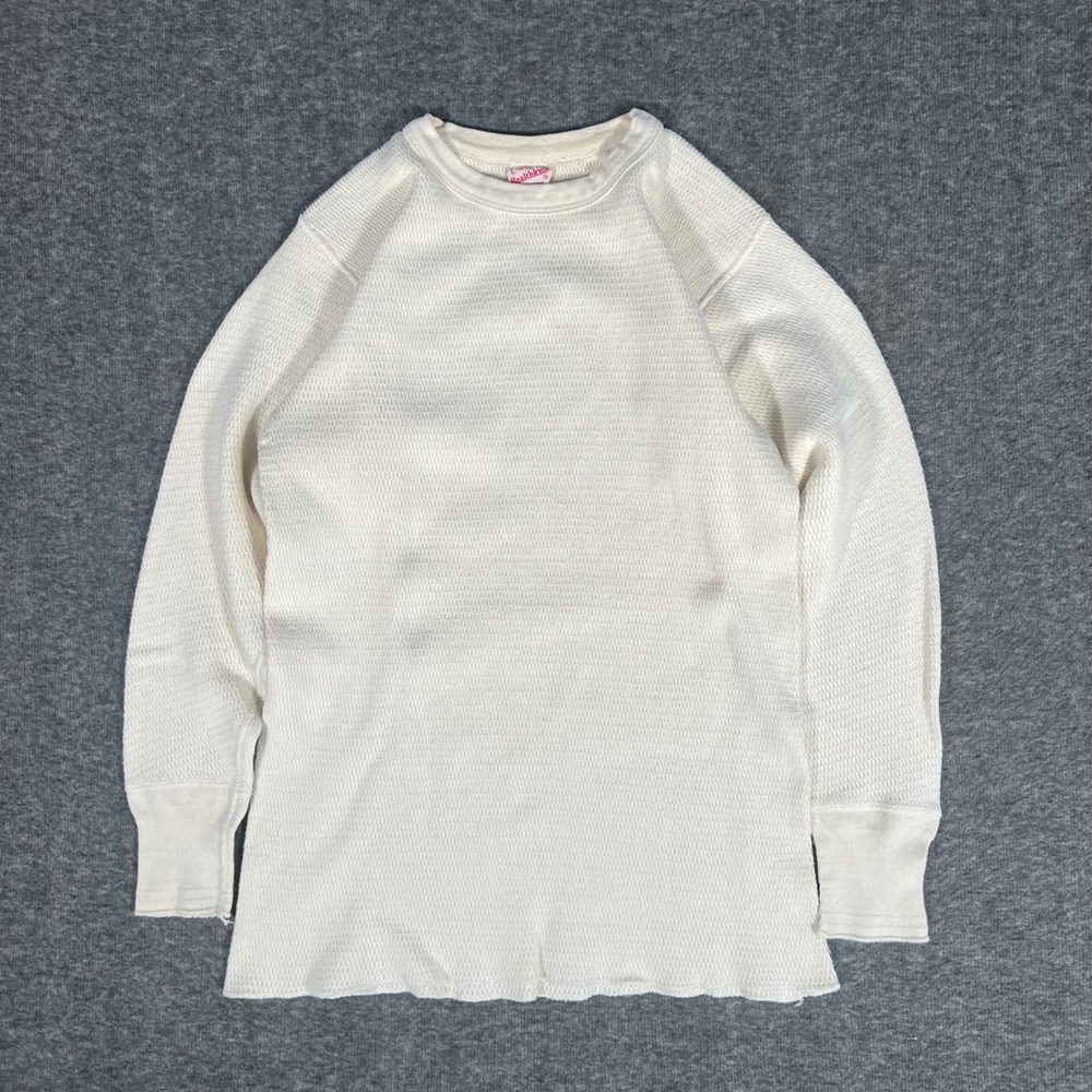 Vintage 70s Healthknit Shirt Ivory Thermal Waffle Knit Distressed Large Cotton